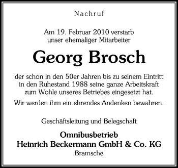 Traueranzeige von Georg Brosch von Neue Osnabrücker Zeitung GmbH & Co. KG