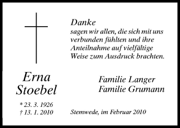 Traueranzeige von Erna Stoebel von Neue Osnabrücker Zeitung GmbH & Co. KG