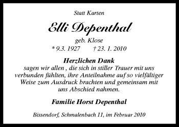 Traueranzeige von Elli Depenthal von Neue Osnabrücker Zeitung GmbH & Co. KG