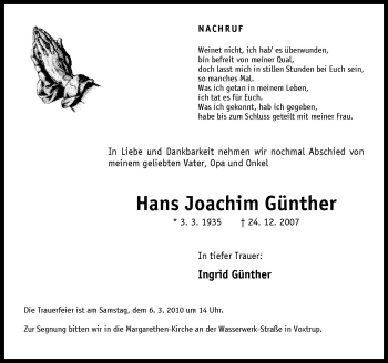 Traueranzeige von Hans Joachim Günther von Neue Osnabrücker Zeitung GmbH & Co. KG