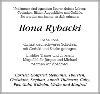 Traueranzeige von Ilona Rybacki von Neue Osnabrücker Zeitung GmbH & Co. KG