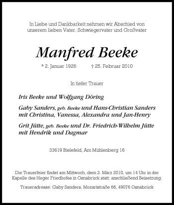 Traueranzeige von Beeke Manfre von Neue Osnabrücker Zeitung GmbH & Co. KG