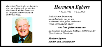 Traueranzeige von Hermann Egbers von Neue Osnabrücker Zeitung GmbH & Co. KG