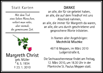 Traueranzeige von Margreth Christ von Neue Osnabrücker Zeitung GmbH & Co. KG