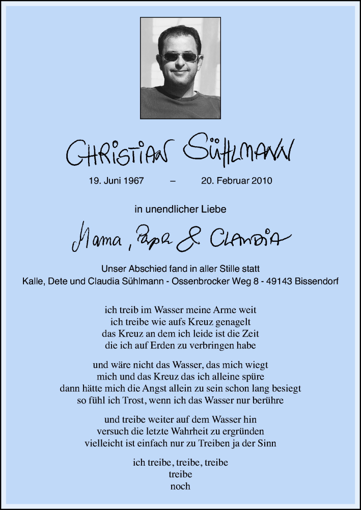  Traueranzeige für Christian Sühlmann vom 06.03.2010 aus Neue Osnabrücker Zeitung GmbH & Co. KG