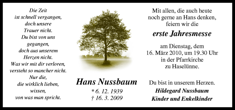  Traueranzeige für Hans Nussbaum vom 13.03.2010 aus Neue Osnabrücker Zeitung GmbH & Co. KG