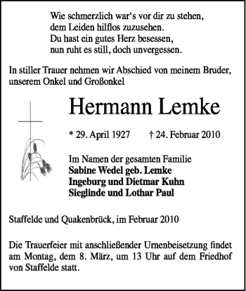 Traueranzeige von Hermann Lemke von Neue Osnabrücker Zeitung GmbH & Co. KG