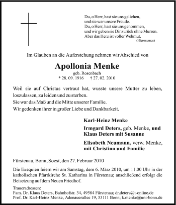 Traueranzeige von Menke Appollonia von Neue Osnabrücker Zeitung GmbH & Co. KG
