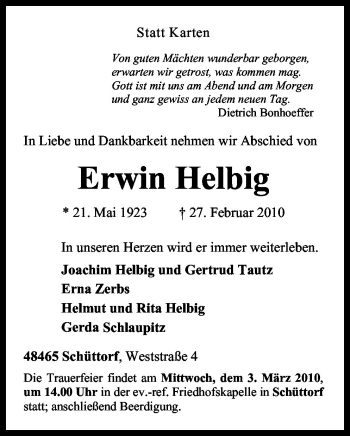 Traueranzeige von Erwin Helbig von Neue Osnabrücker Zeitung GmbH & Co. KG