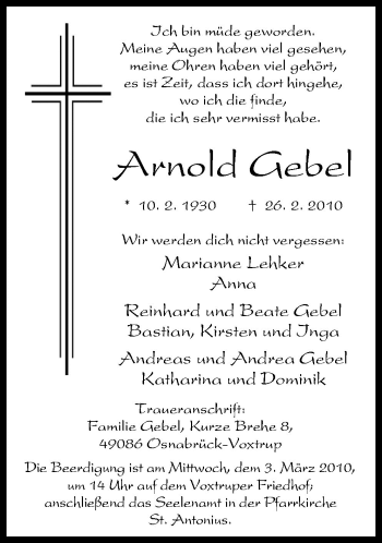 Traueranzeige von Arnold Gebel von Neue Osnabrücker Zeitung GmbH & Co. KG