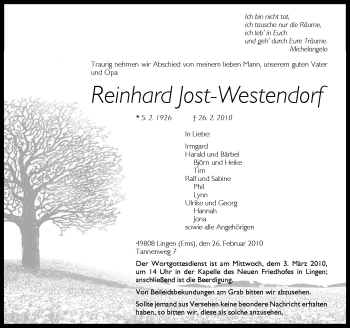 Traueranzeige von Reinhard Jost-Westendorf von Neue Osnabrücker Zeitung GmbH & Co. KG
