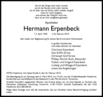 Traueranzeige von Hermann Erpenbeck von Neue Osnabrücker Zeitung GmbH & Co. KG