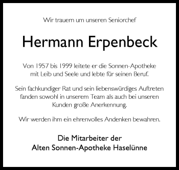 Traueranzeige von Hermann Erpenbeck von Neue Osnabrücker Zeitung GmbH & Co. KG