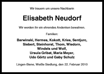 Traueranzeige von Elisabeth Neudorf von Neue Osnabrücker Zeitung GmbH & Co. KG