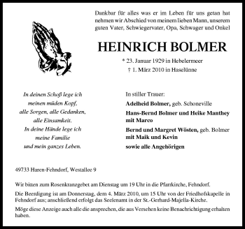 Traueranzeige von Heinrich Bolmer von Neue Osnabrücker Zeitung GmbH & Co. KG