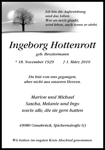 Traueranzeige von Ingeborg Hottenrott von Neue Osnabrücker Zeitung GmbH & Co. KG