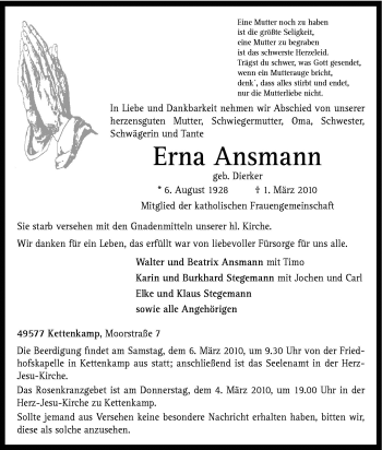 Traueranzeige von Erna Ansmann von Neue Osnabrücker Zeitung GmbH & Co. KG