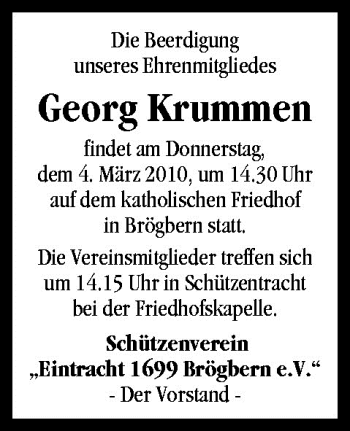 Traueranzeige von Georg Krummen von Neue Osnabrücker Zeitung GmbH & Co. KG