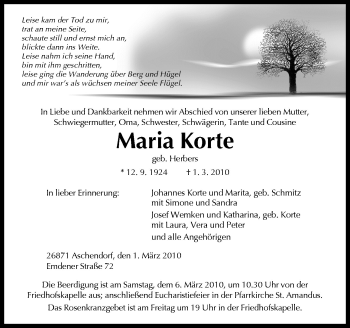 Traueranzeige von Maria Korte von Neue Osnabrücker Zeitung GmbH & Co. KG