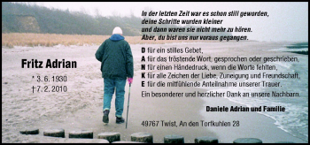 Traueranzeige von Fritz Adrian von Neue Osnabrücker Zeitung GmbH & Co. KG