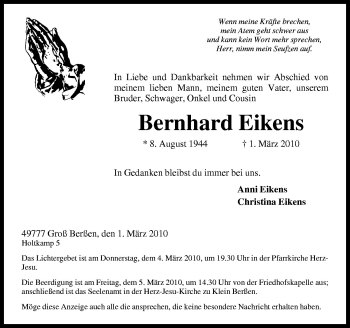 Traueranzeige von Bernhard Eikens von Neue Osnabrücker Zeitung GmbH & Co. KG