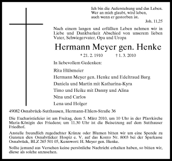 Traueranzeige von Hermann Meyer von Neue Osnabrücker Zeitung GmbH & Co. KG