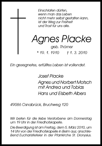 Traueranzeige von Agnes Placke von Neue Osnabrücker Zeitung GmbH & Co. KG