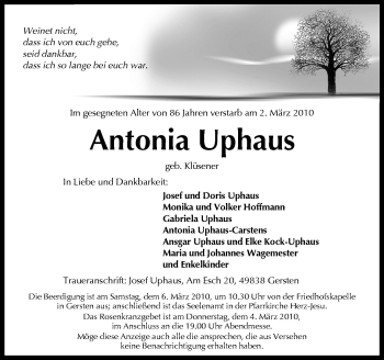 Traueranzeige von Antonia Uphaus von Neue Osnabrücker Zeitung GmbH & Co. KG