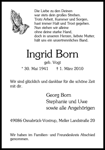 Traueranzeige von Ingrid Born von Neue Osnabrücker Zeitung GmbH & Co. KG