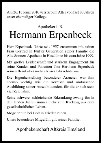 Traueranzeige von Hermann Erpenbeck von Neue Osnabrücker Zeitung GmbH & Co. KG