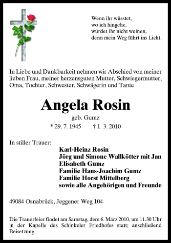 Traueranzeige von Angela Rosin von Neue Osnabrücker Zeitung GmbH & Co. KG