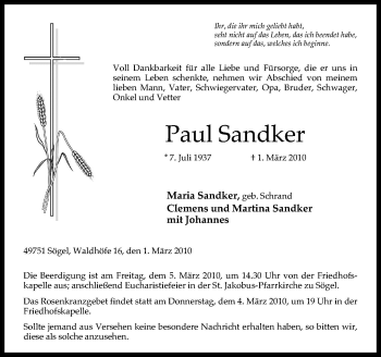 Traueranzeige von Paul Sandker von Neue Osnabrücker Zeitung GmbH & Co. KG