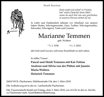 Traueranzeige von Marianne Temmen von Neue Osnabrücker Zeitung GmbH & Co. KG