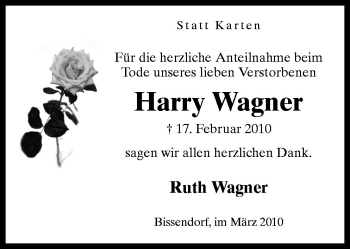 Traueranzeige von Harry Wagner von Neue Osnabrücker Zeitung GmbH & Co. KG