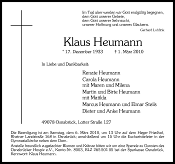 Traueranzeige von Klaus Heumann von Neue Osnabrücker Zeitung GmbH & Co. KG