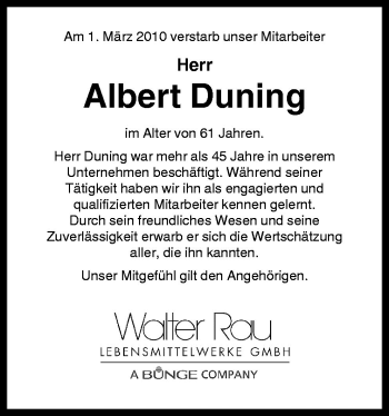 Traueranzeige von Albert Duning von Neue Osnabrücker Zeitung GmbH & Co. KG