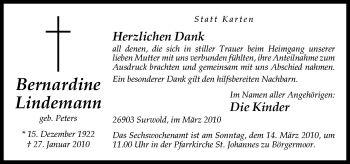 Traueranzeige von Bernadine Lindemann von Neue Osnabrücker Zeitung GmbH & Co. KG