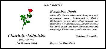 Traueranzeige von Charlotte Sobottka von Neue Osnabrücker Zeitung GmbH & Co. KG