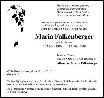 Traueranzeige von Maria Falkenberger von Neue Osnabrücker Zeitung GmbH & Co. KG