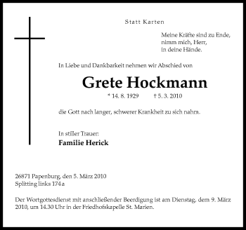 Traueranzeige von Grete Hockmann von Neue Osnabrücker Zeitung GmbH & Co. KG