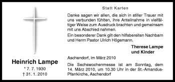 Traueranzeige von Heinrich Lampe von Neue Osnabrücker Zeitung GmbH & Co. KG