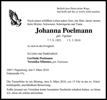 Traueranzeige von Johanna Poelmann von Neue Osnabrücker Zeitung GmbH & Co. KG