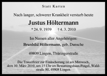 Traueranzeige von Justus Höltermann von Neue Osnabrücker Zeitung GmbH & Co. KG