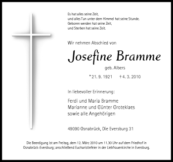 Traueranzeige von Josefine Bramme von Neue Osnabrücker Zeitung GmbH & Co. KG