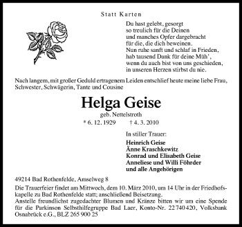 Traueranzeige von Helga Giese von Neue Osnabrücker Zeitung GmbH & Co. KG