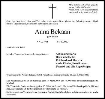 Traueranzeige von Anna Bekaan von Neue Osnabrücker Zeitung GmbH & Co. KG