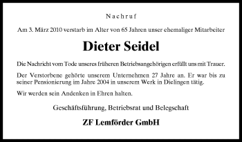 Traueranzeige von Dieter Seidel von Neue Osnabrücker Zeitung GmbH & Co. KG