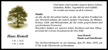 Traueranzeige von Hans Hemelt von Neue Osnabrücker Zeitung GmbH & Co. KG