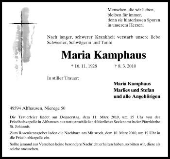 Traueranzeige von Maria Kamphaus von Neue Osnabrücker Zeitung GmbH & Co. KG