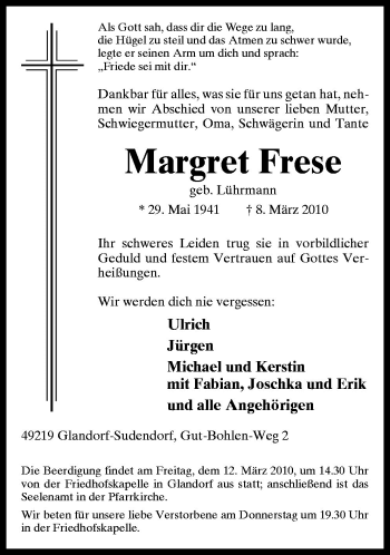 Traueranzeige von Margret Frese von Neue Osnabrücker Zeitung GmbH & Co. KG